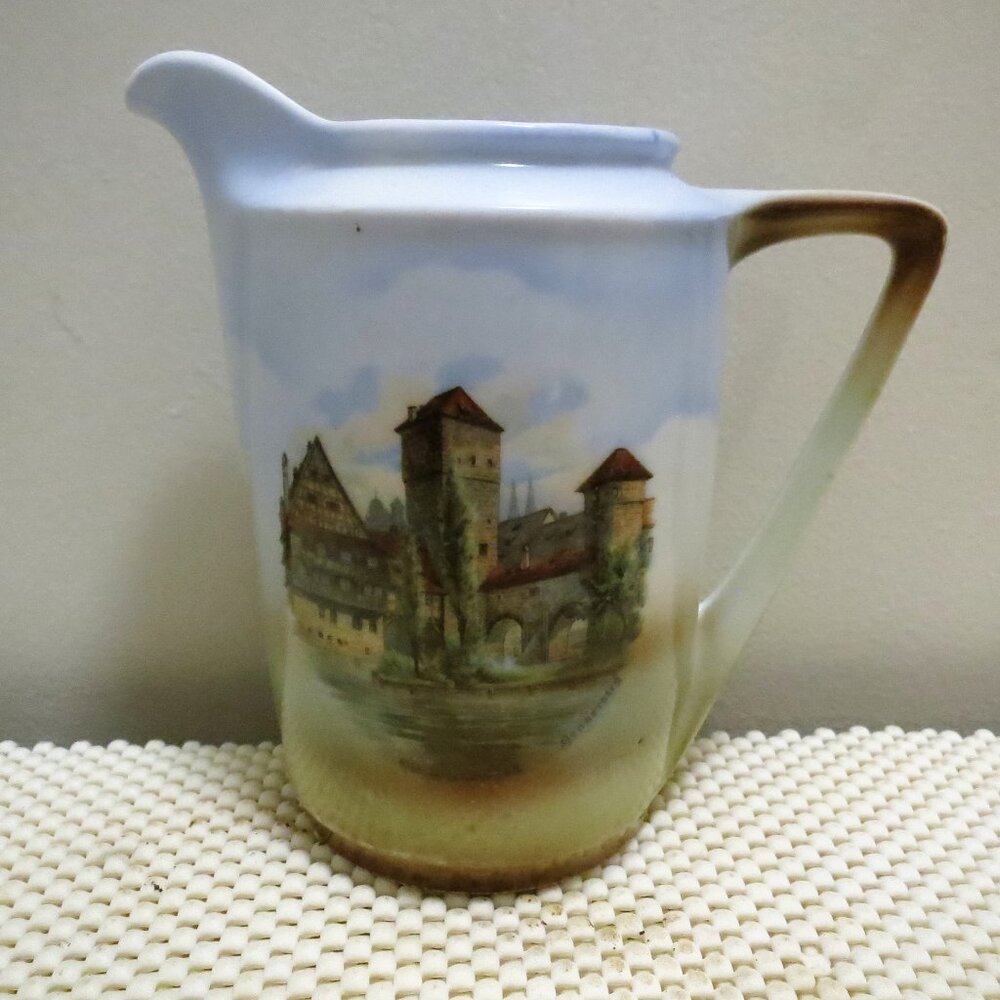 Antique Pitcher Three Crown China Germany 5.7" Hangman's Bridge Nuremburg Signed